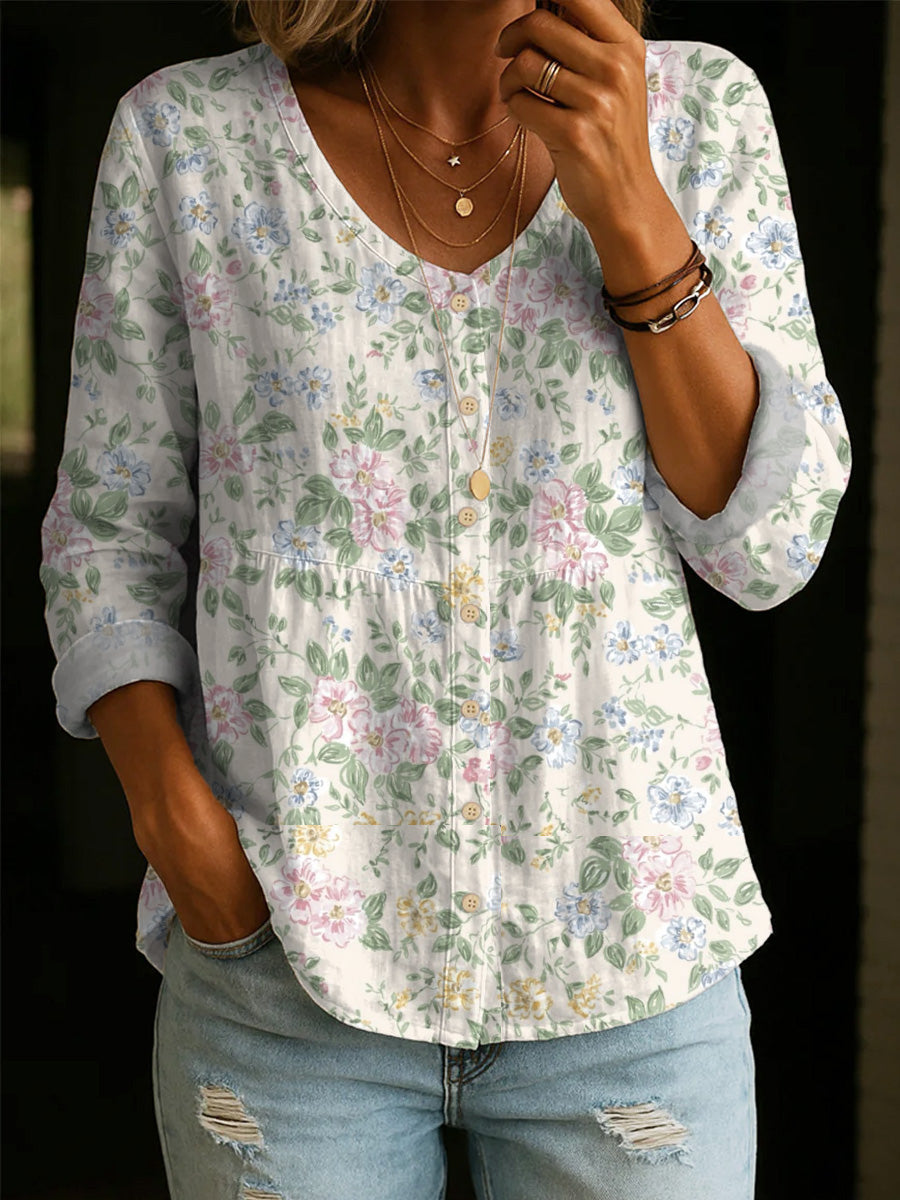 Artistic Floral Print Cotton Shirt – Women's Elegant, Casual, Soft Cotton Top