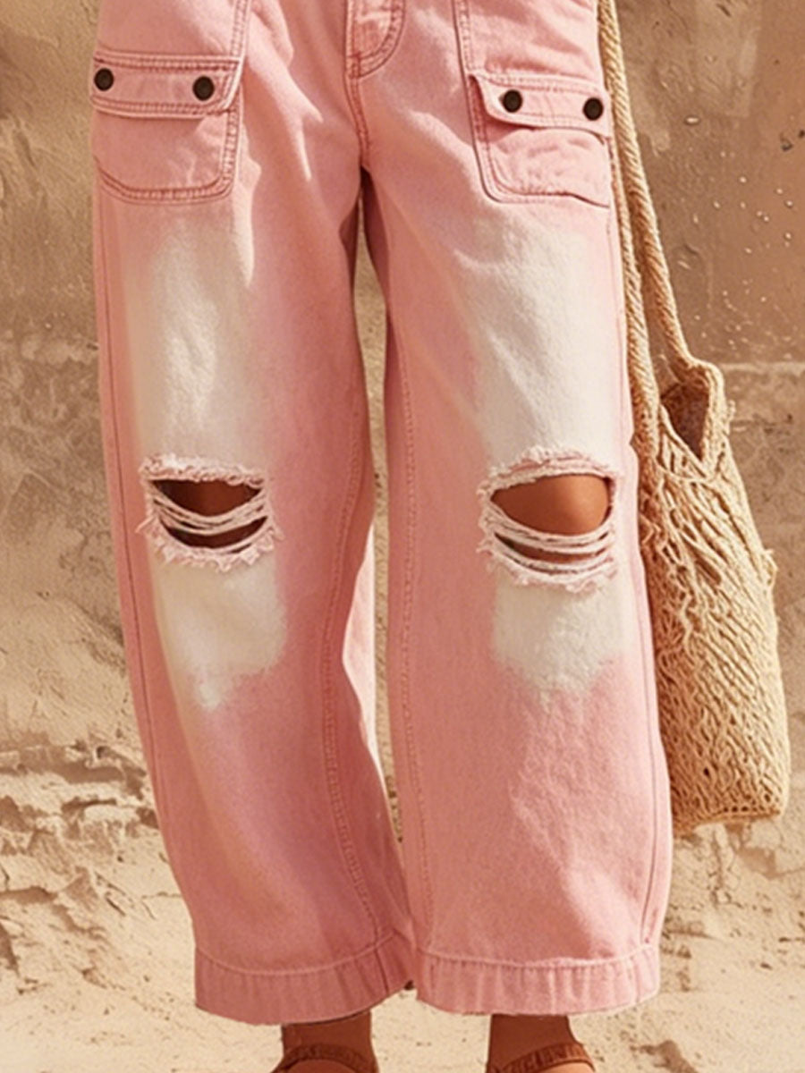 Washed Ombré Distressed Wide-leg Cargo Jeans