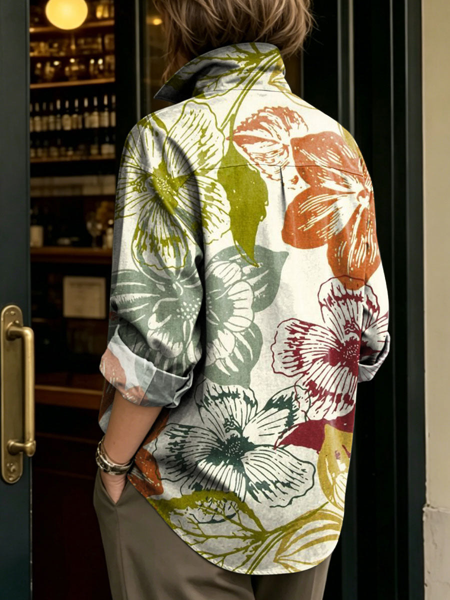 Women's Artistic Floral Print Metal-button Shirt