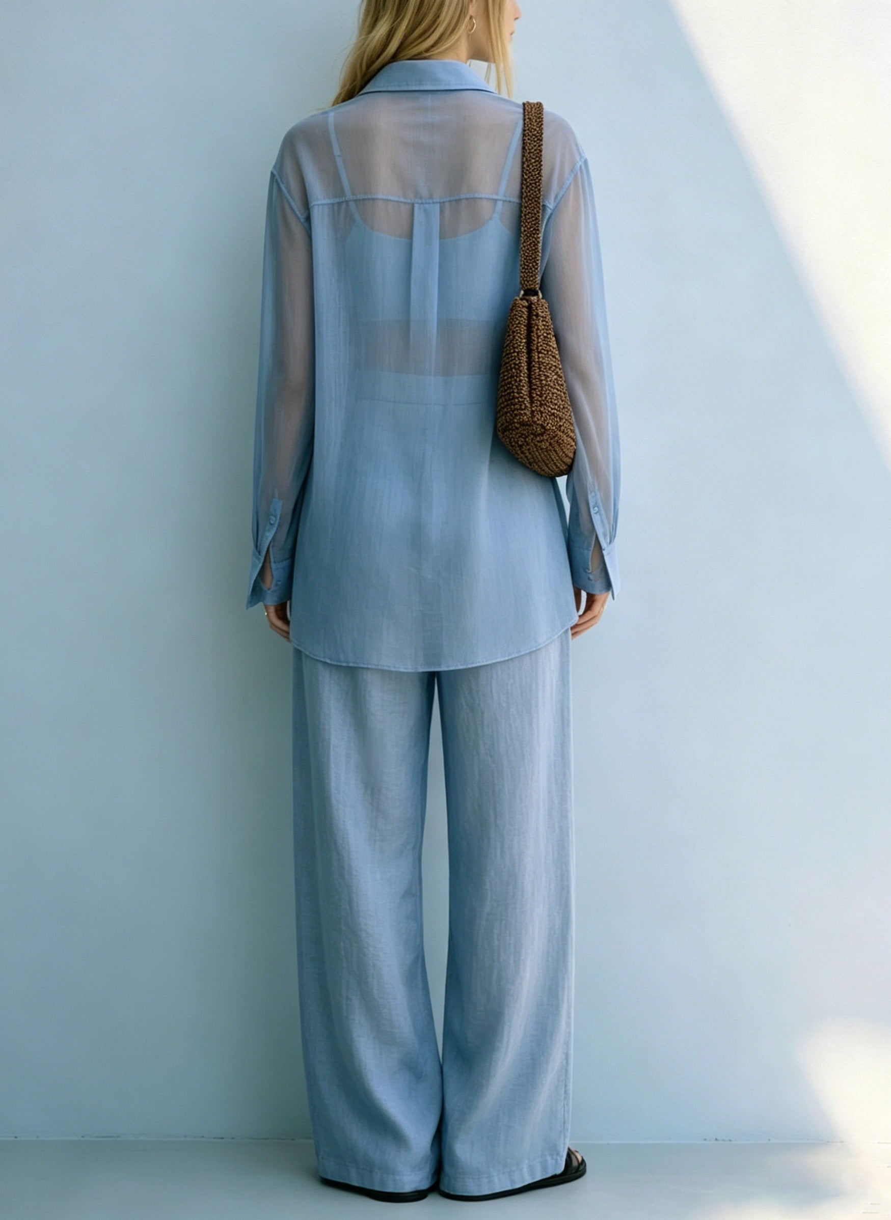 Sheer Shirt & Wide Leg Pants Two-piece Set