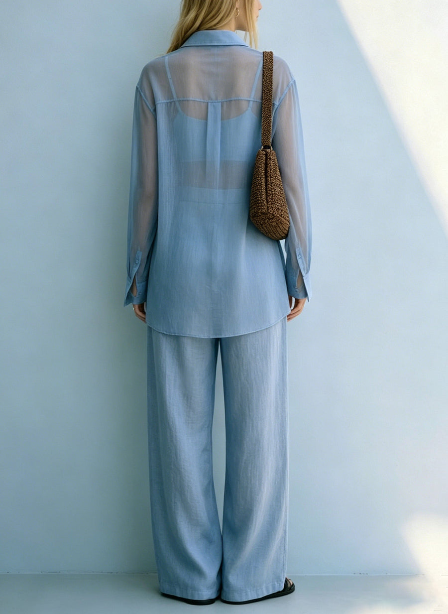 Sheer Shirt & Wide Leg Pants Two-piece Set