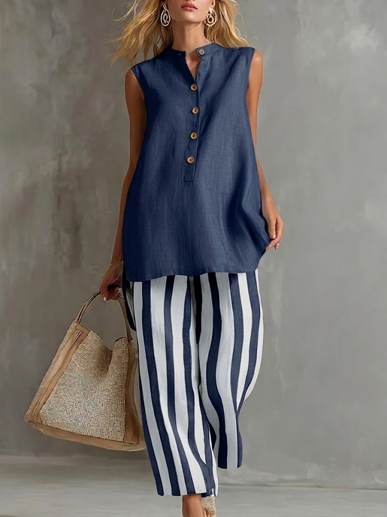Casual Sleeveless Linen-cotton Top And Striped Pants Two-piece Set