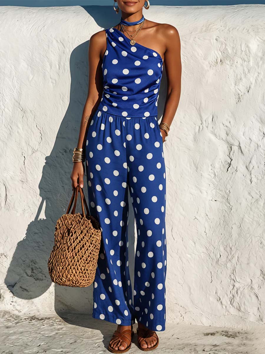 Women's Polka Dot Print One-shoulder Sleeveless Casual Loose Wide-leg Jumpsuit