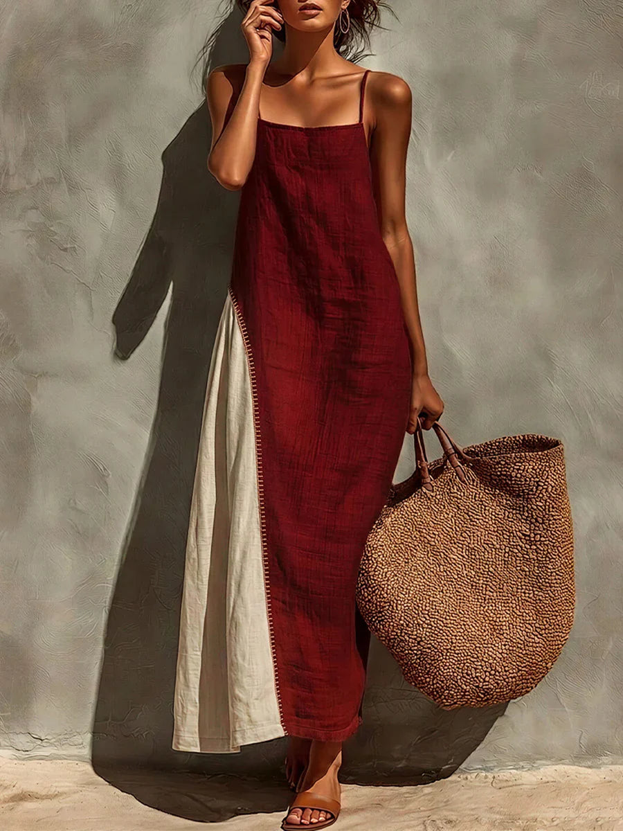 Burgundy & Beige Patchwork Linen-cotton Slip Maxi Dress