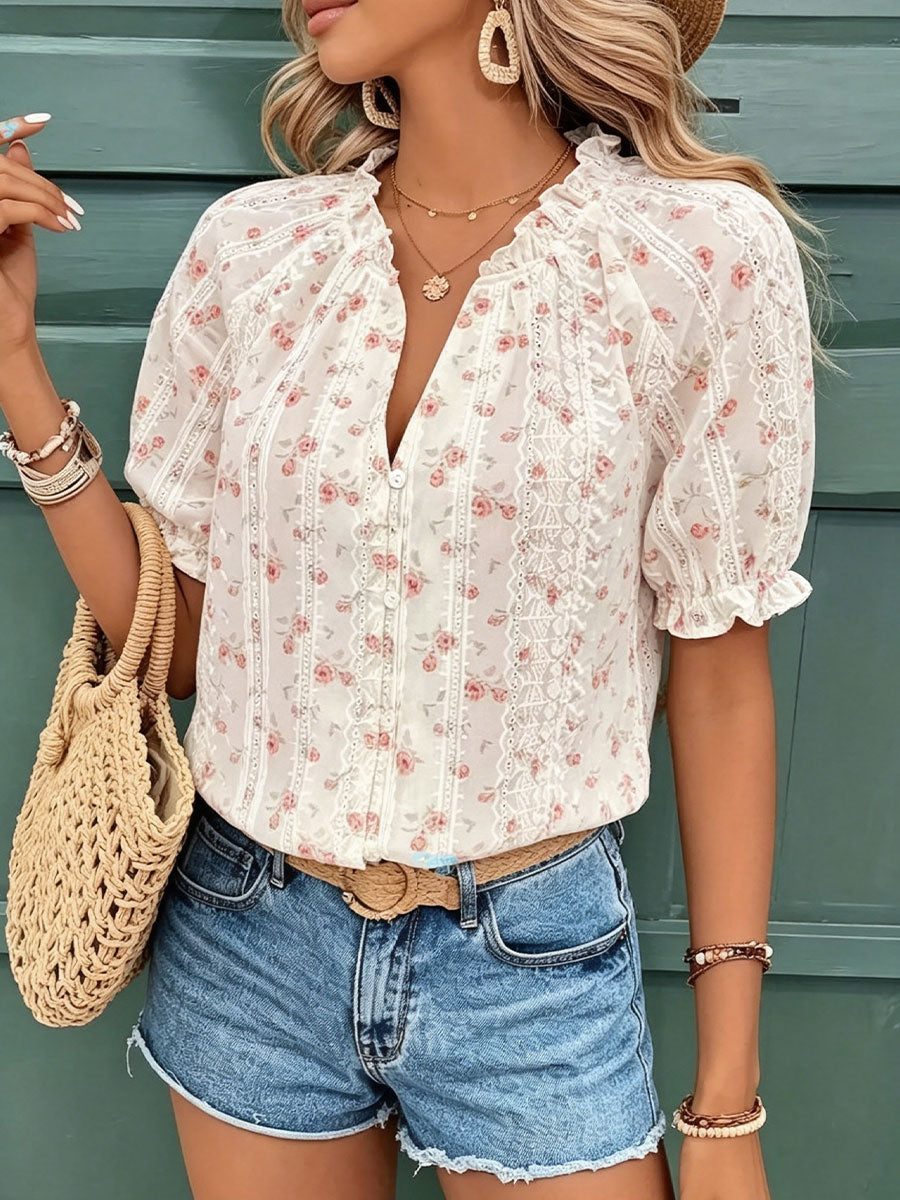 Women's French-style Floral Short-sleeve Shirt
