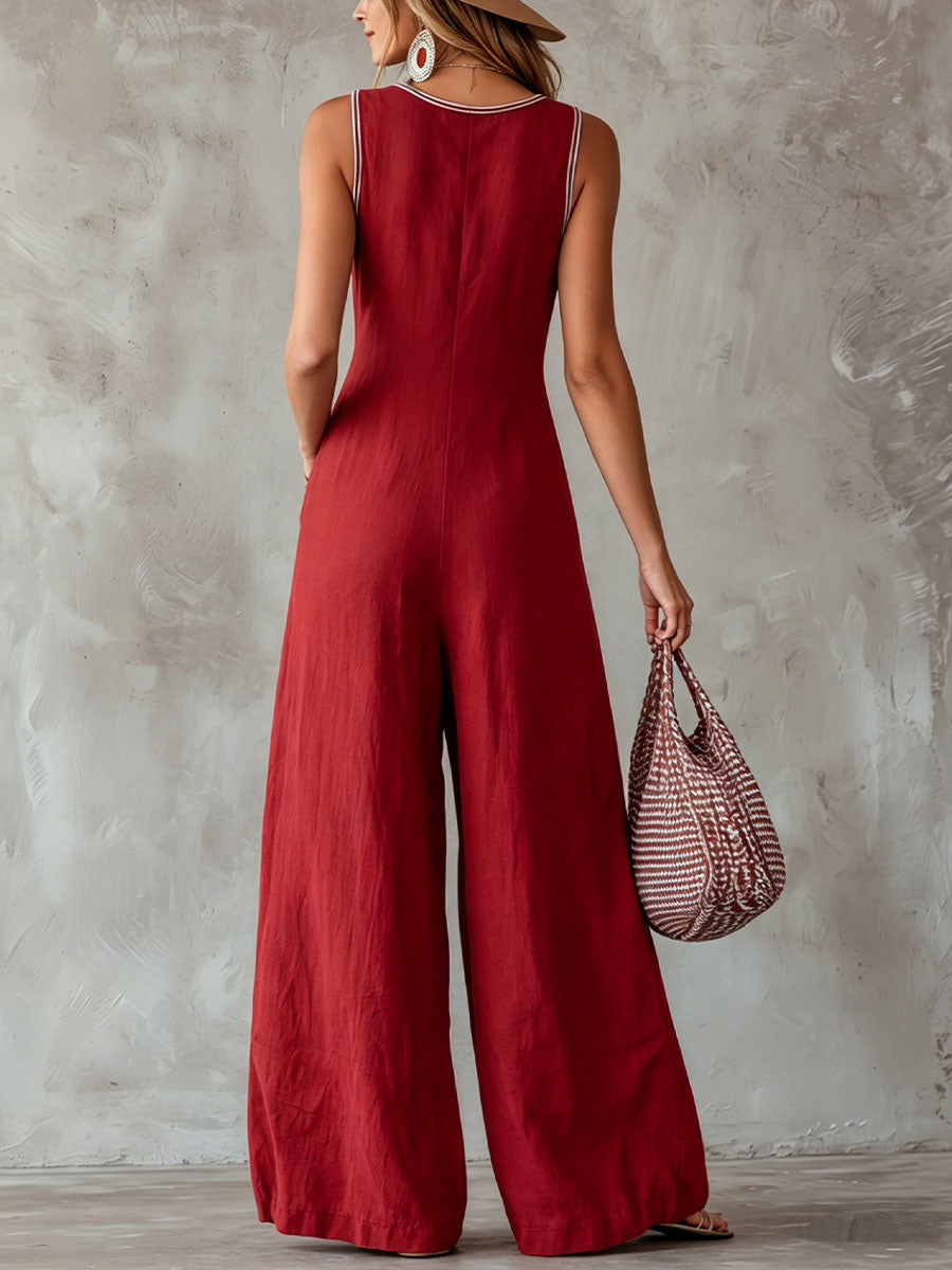 Women's Solid-color Round-neck Sleeveless Casual Loose Cotton-linen Wide-leg Jumpsuit