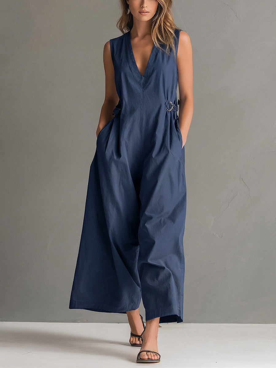 Women's Solid-color V-neck Sleeveless Casual Loose Cotton-linen Wide-leg Jumpsuit