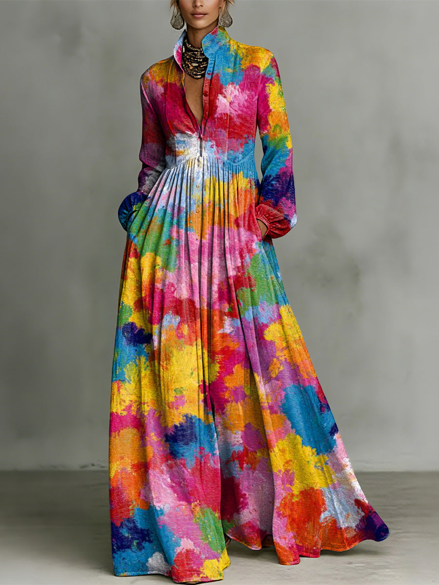 Elegant Colorful Decorative Patterns Women's Long Sleeve Shirt Collar Dress