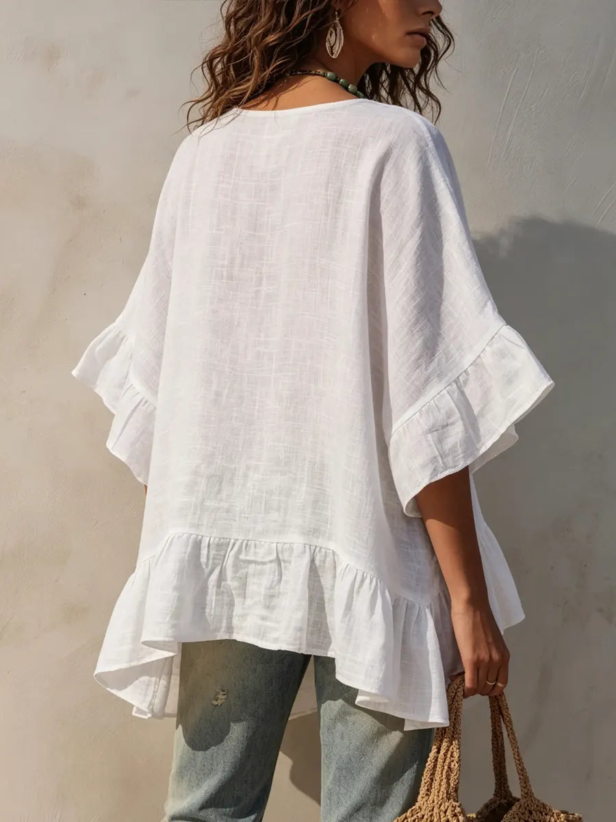 Women's Loose Casual Cotton And Linen Top With Ruffle Decoration