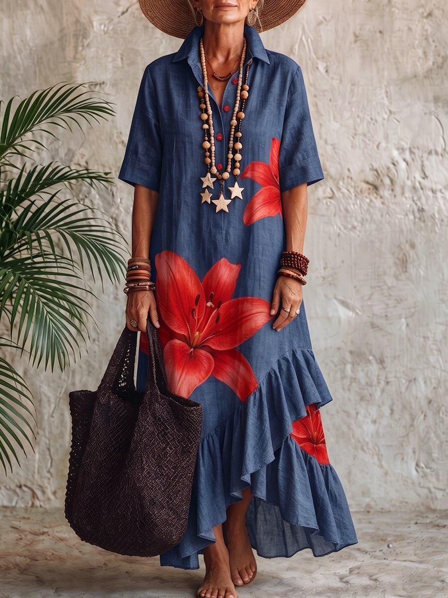 Artistic Lily Print Vacation Cotton Dress With Polo Collar