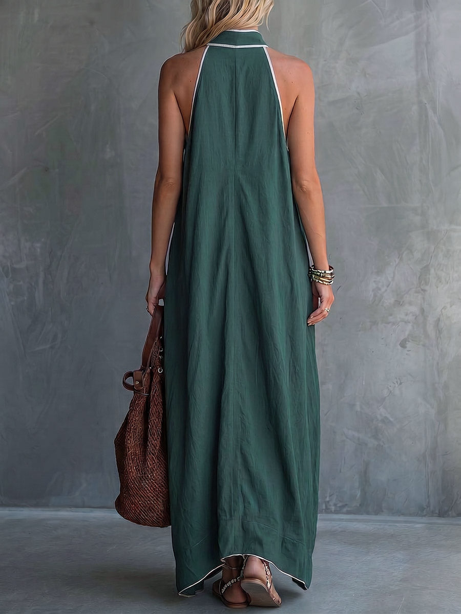 Women's Solid-color Stand-collar Sleeveless Loose-fit Cotton-linen Casual Dress