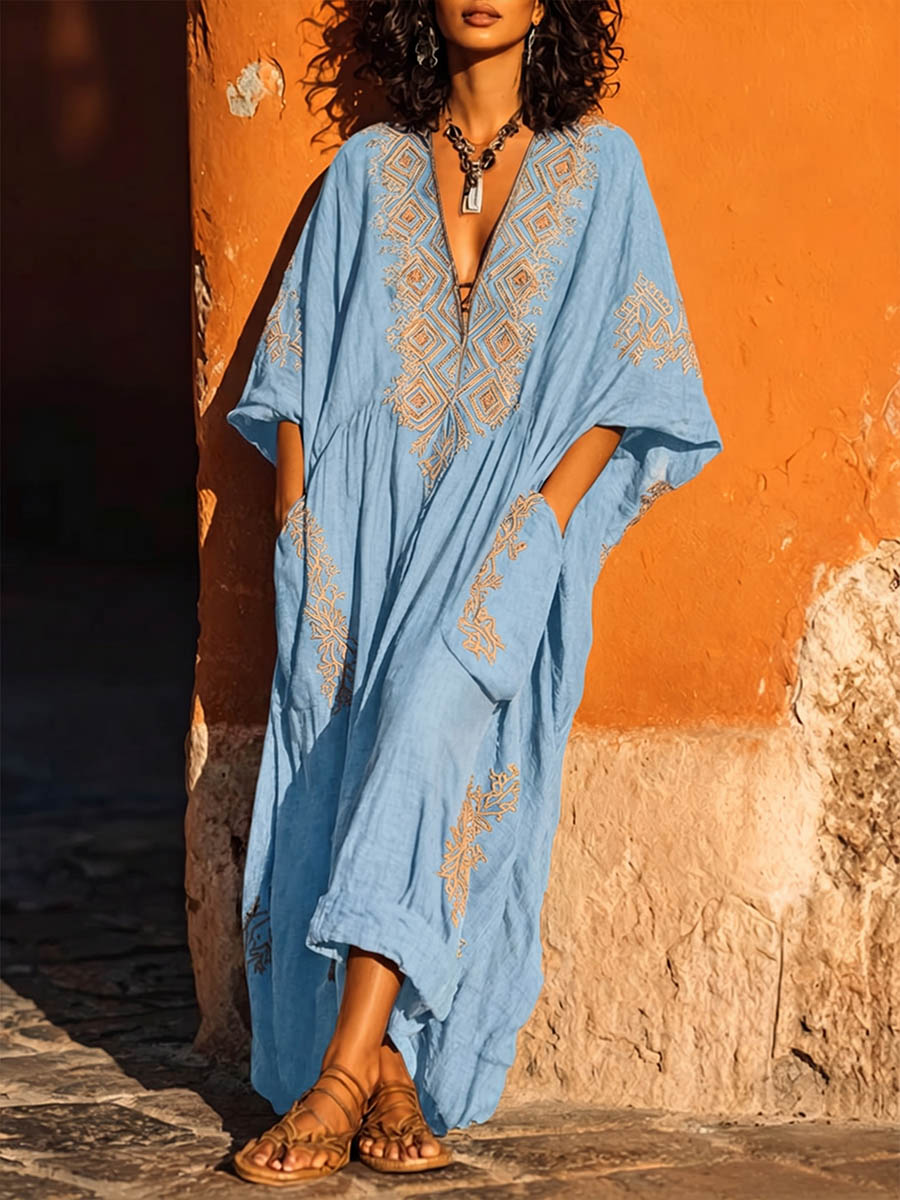 Women's Vintage-print V-neck 3/4-sleeve Casual Loose Cotton-linen Dress