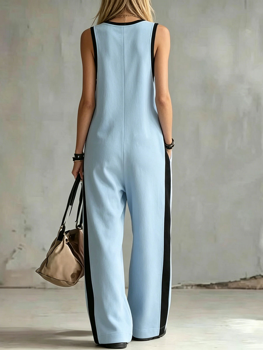 Women's Color-block Buttoned Round Neck Sleeveless Casual Jumpsuit
