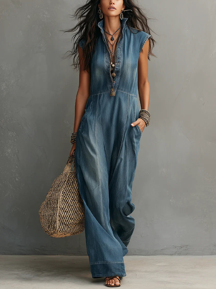 Women's Retro Stand-collar Casual Jumpsuit
