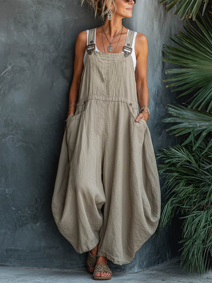 Women's Solid-color Square-neck Sleeveless Casual Loose Cotton-linen Wide-leg Jumpsuit