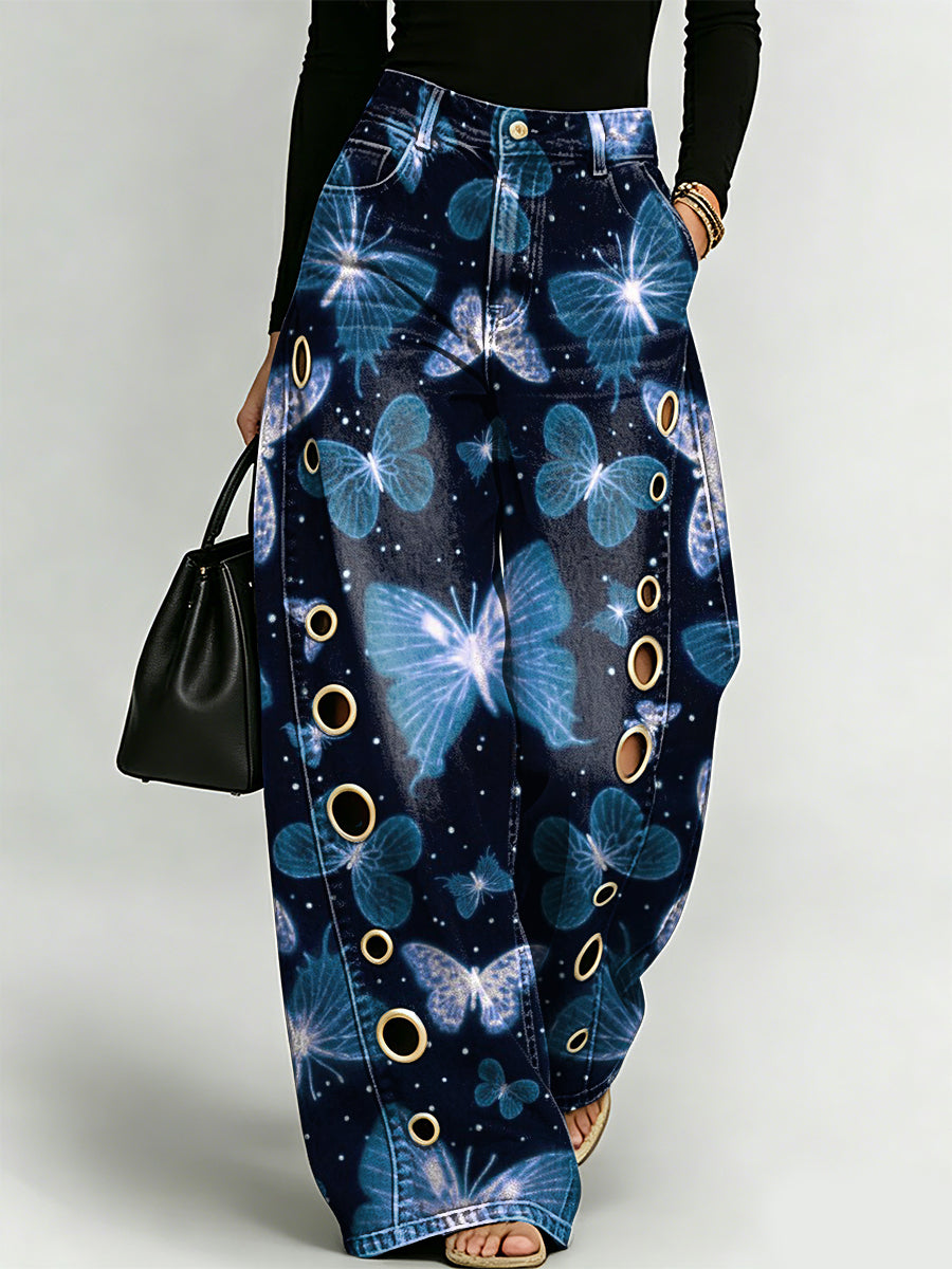 Dreamlike Butterfly Decorative Pattern Women's Casual Denim Pants