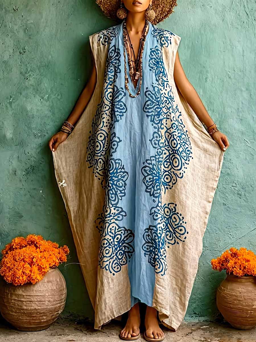 Women's Vintage-print V-neck Sleeveless Loose-fit Cotton-linen Casual Dress
