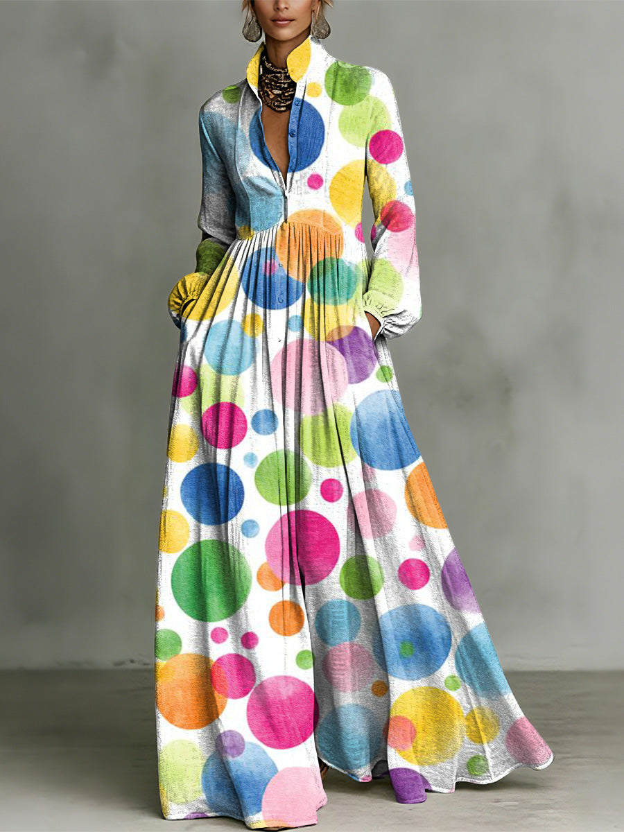 Elegant Colorful Polka Dot Decorative Pattern Women's Long Sleeve Shirt Collar Dress