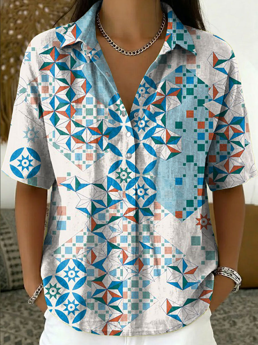 Women's Vintage Botanical Floral Casual Polo Collar Short-sleeved Linen And Cotton Shirt