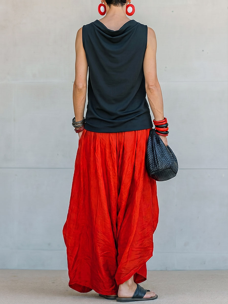 Women's Casual Cotton-linen Set: Sleeveless Mock-neck Loose-fit Top & Elastic-waist Wide-leg Pants