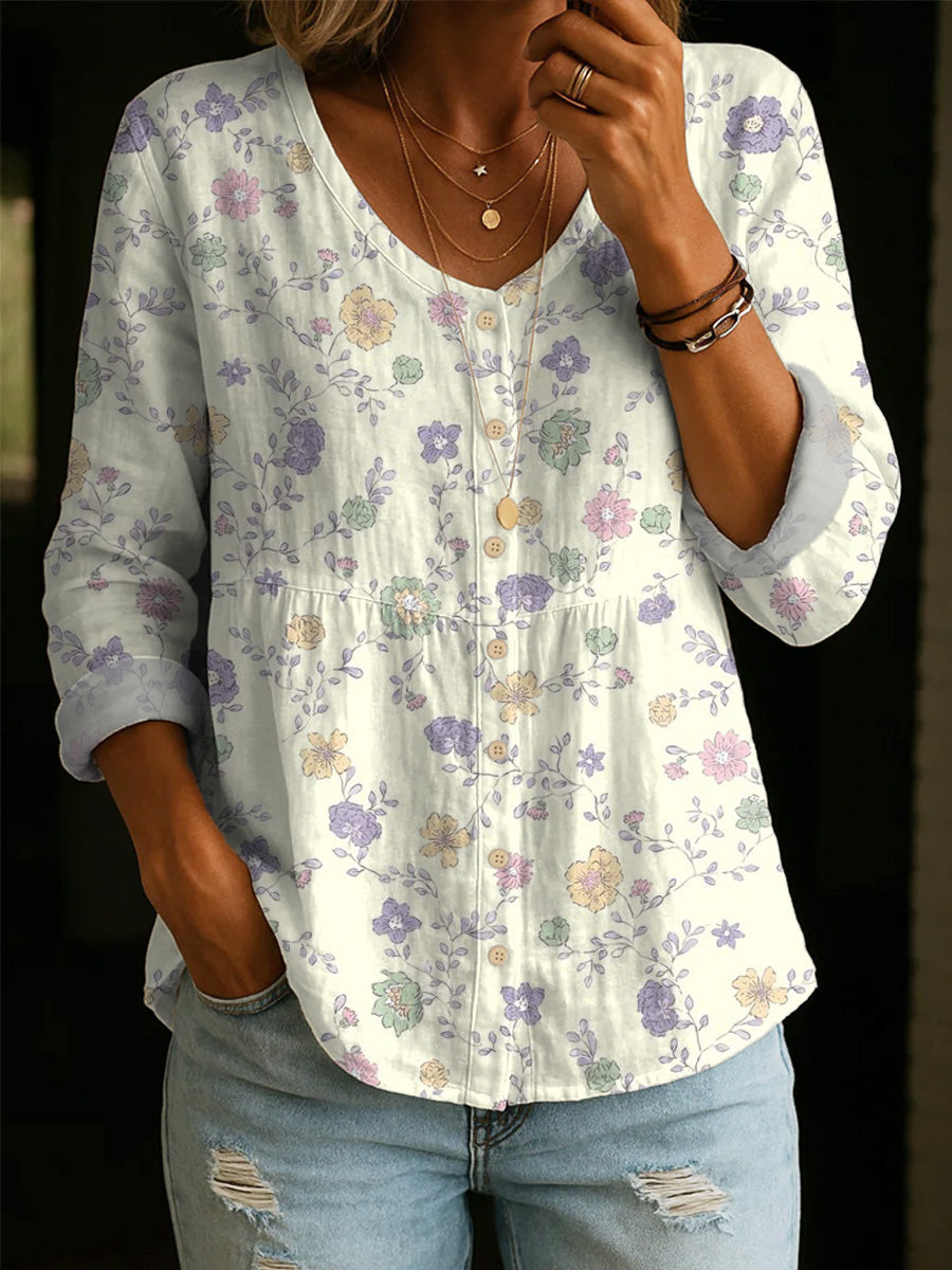 Artistic Floral Print Cotton Shirt – Women's Elegant, Casual, Soft Cotton Top