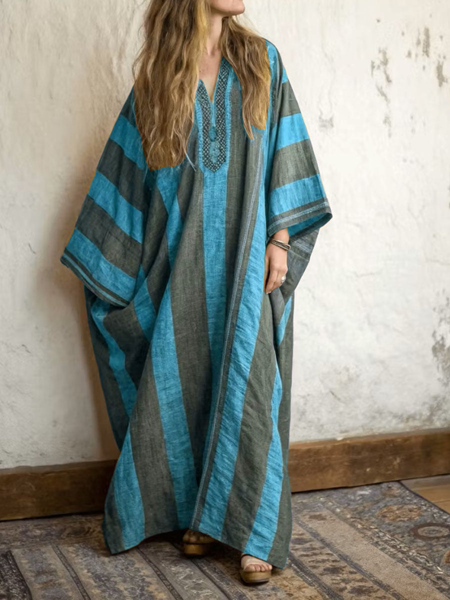 Women's Vintage-print Patchwork V-neck Short-sleeve Casual Loose Cotton-linen Dress