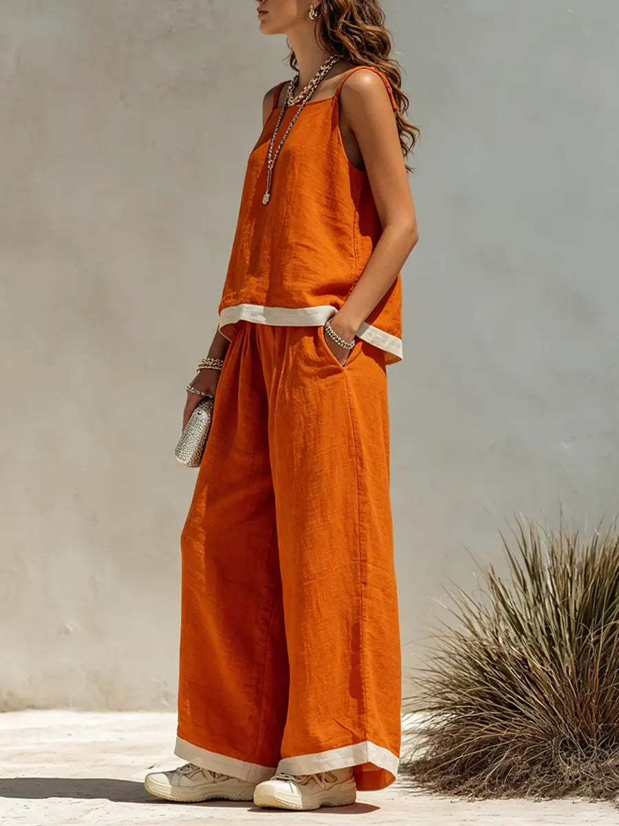 Women's Vacation Style Orange And White Color-block Linen Two-piece Set