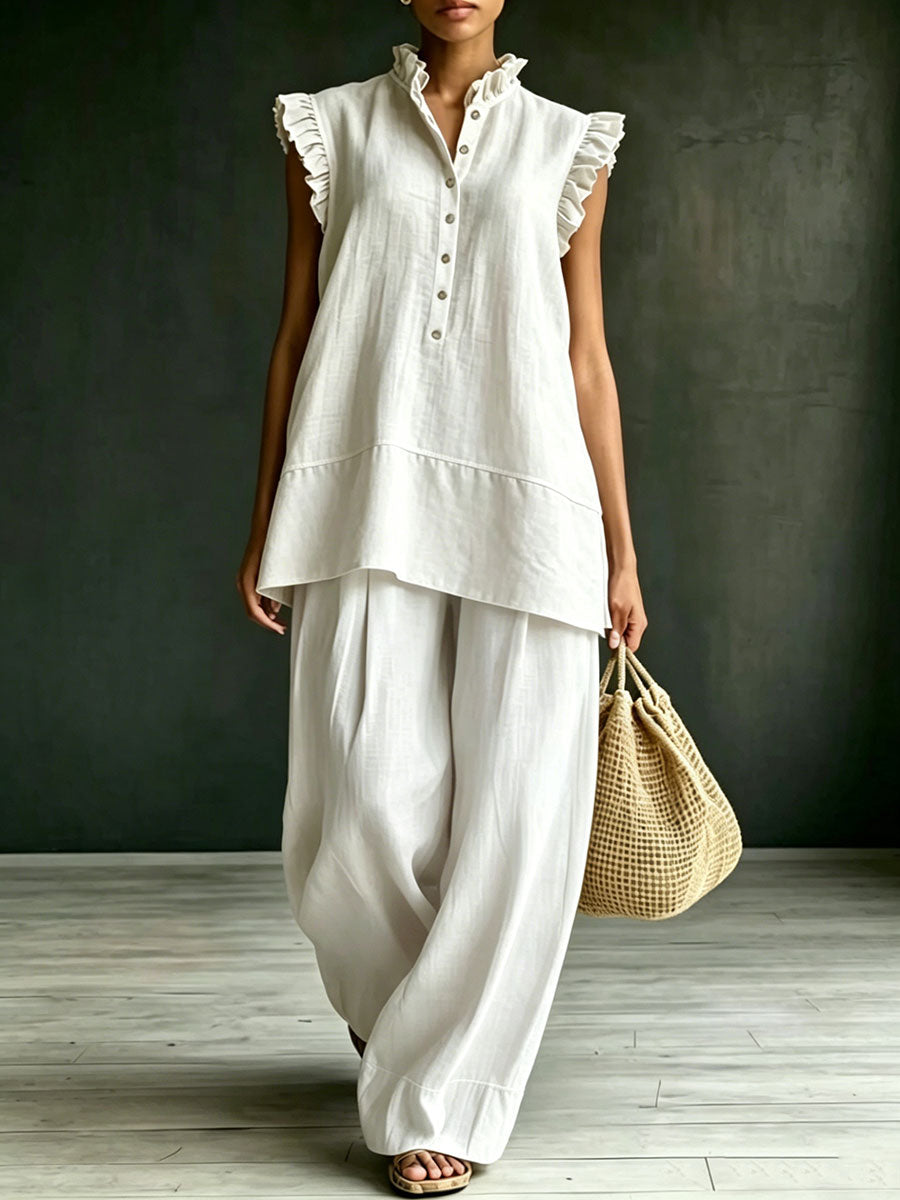 Women's Stand-collar Ruffled Sleeveless Vest And Wide-leg Trousers Set