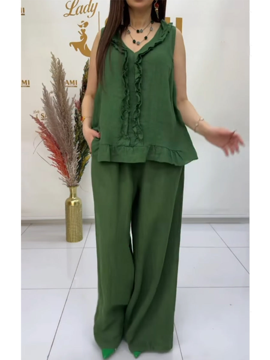 Casual & Cozy Linen-cotton Two-piece Set: Ruffled Top And Pants
