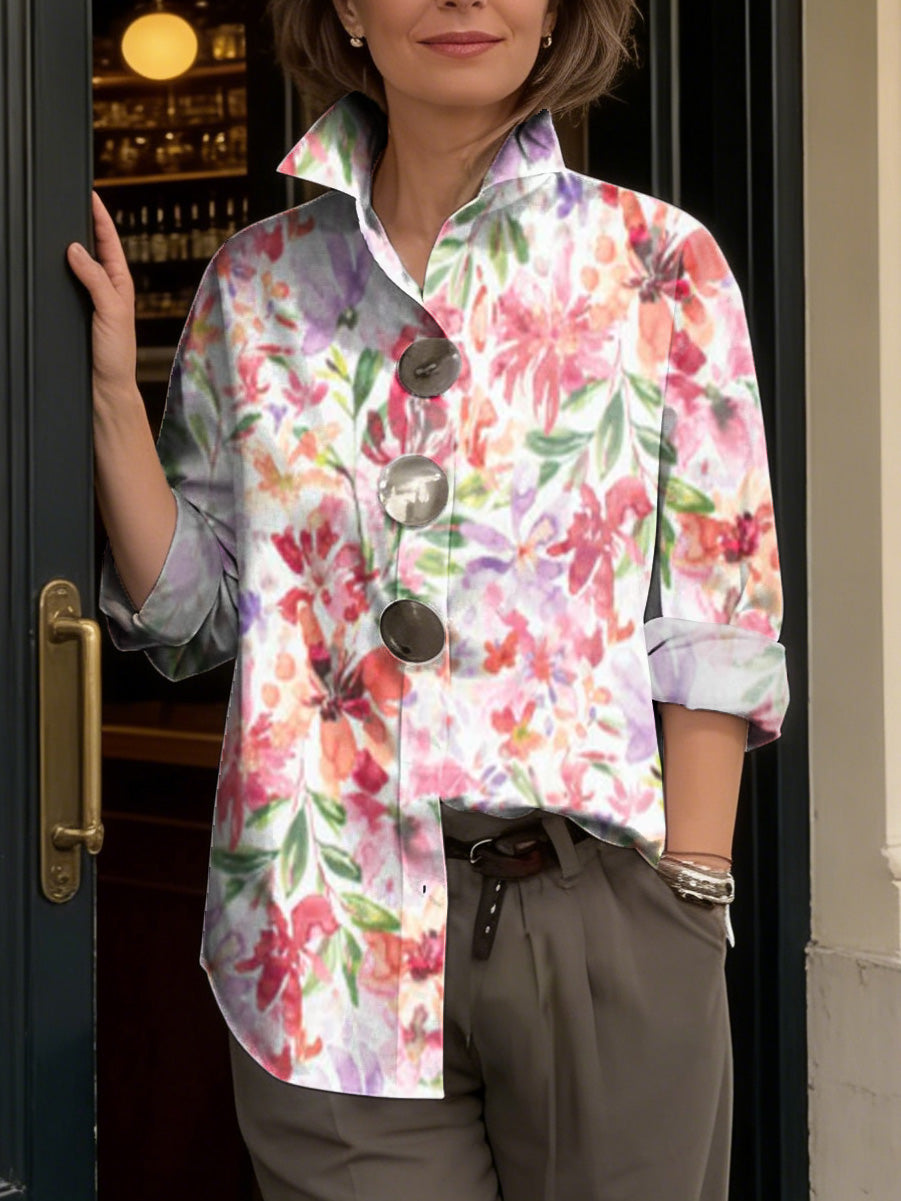 Artistic Watercolor Floral Print Metal-button Shirt
