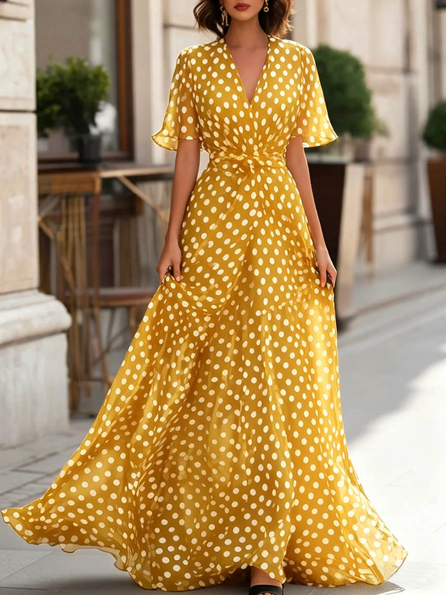 Women's Polka Dot Print V-neck Short-sleeve Casual Loose Chiffon Dress