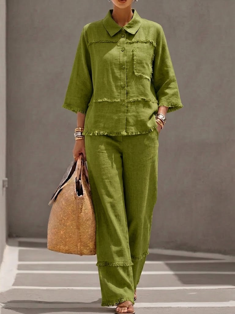 Casual Frayed-hem Linen And Cotton Shirt And Pants Two-piece Set