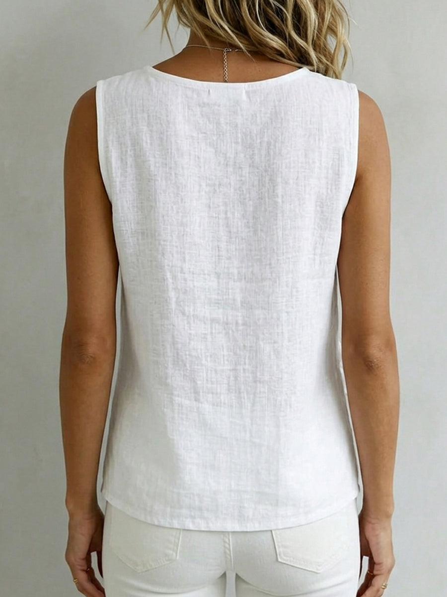 Women's V-neck Sleeveless Cotton-linen Top With Buttons And Tie-waist