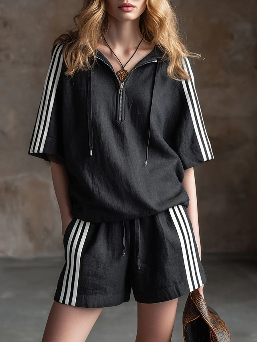 Casual Color-block Striped Half-zip Hooded Linen-cotton Top And Shorts Two-piece Set