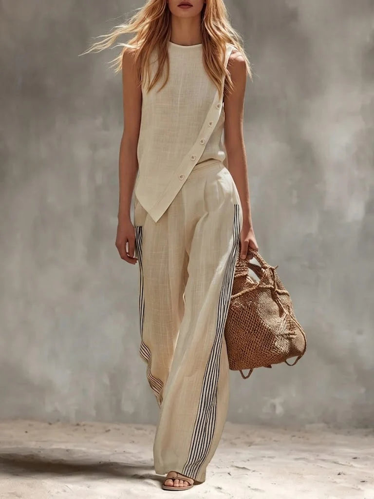 Women's Simple Irregular Cut Top And Wide-leg Pants Cotton And Linen Set