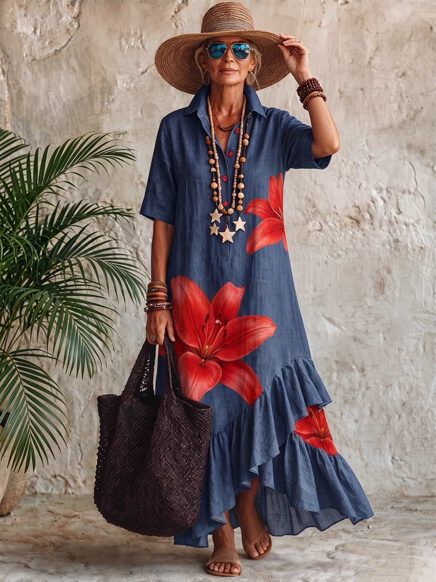 Artistic Lily Print Vacation Cotton Dress With Polo Collar