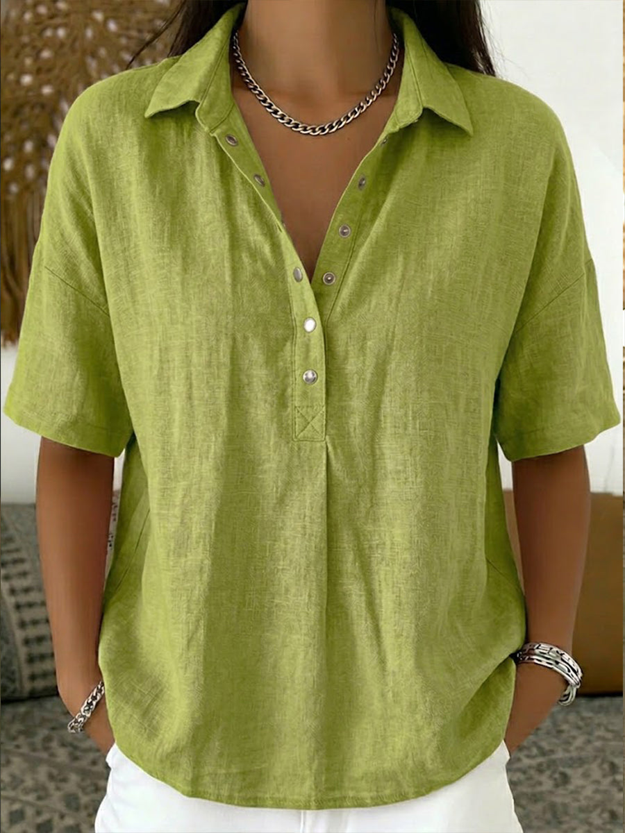 Women’s Cotton Linen Polo Shirt – Casual Short Sleeve Summer Top