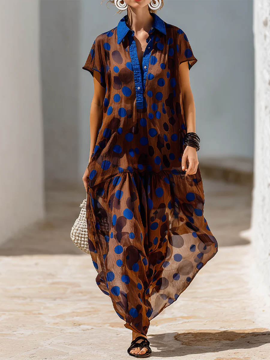 Women's Polka Dot Print Chiffon Dress — Short Sleeve Shirt Collar Casual Loose Fit