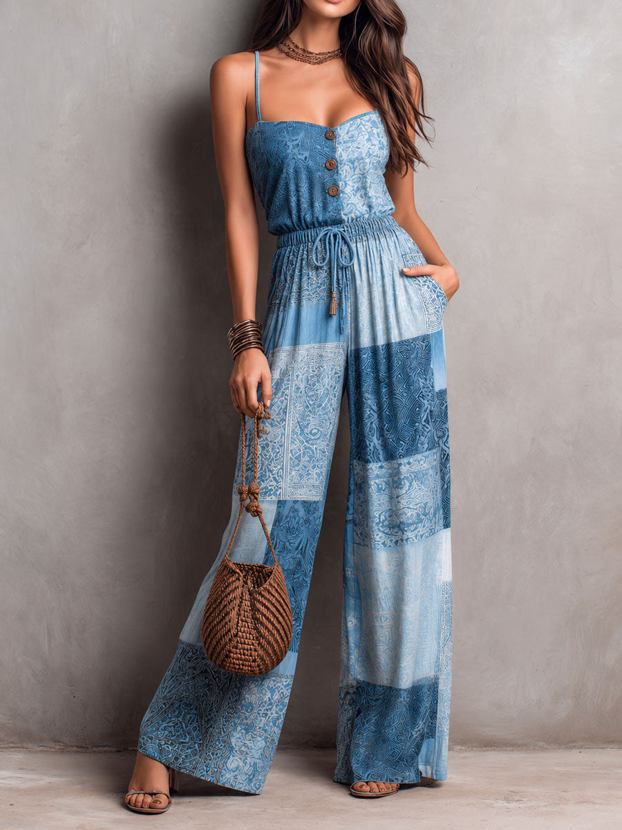 Patchwork Print Spaghetti Strap Drawstring Waist Wide Leg Jumpsuit