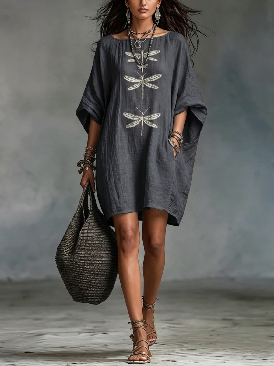 Bohemian-Style  Dragonfly Print Cotton-Linen Dress