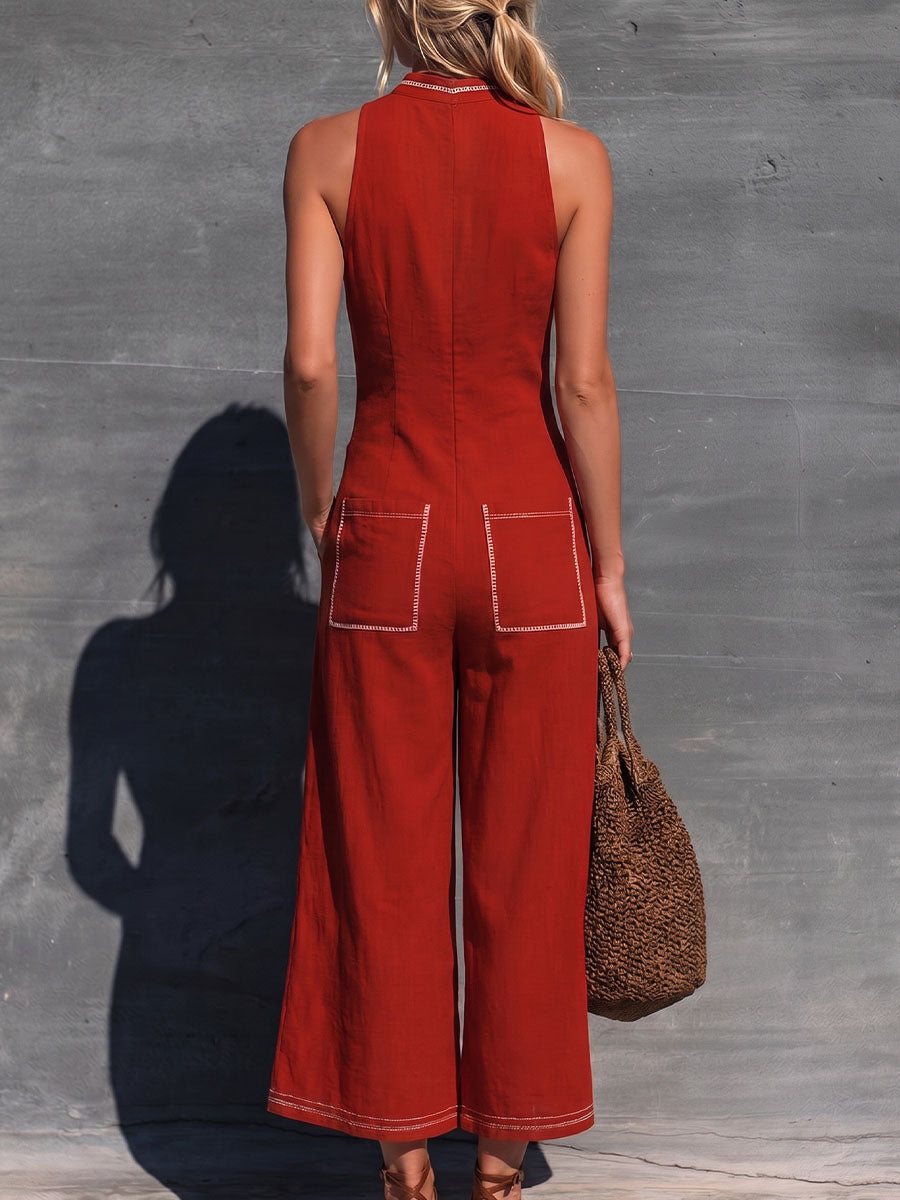 Women's Solid-color V-neck Sleeveless Casual Loose-fit Linen Wide-leg Jumpsuit