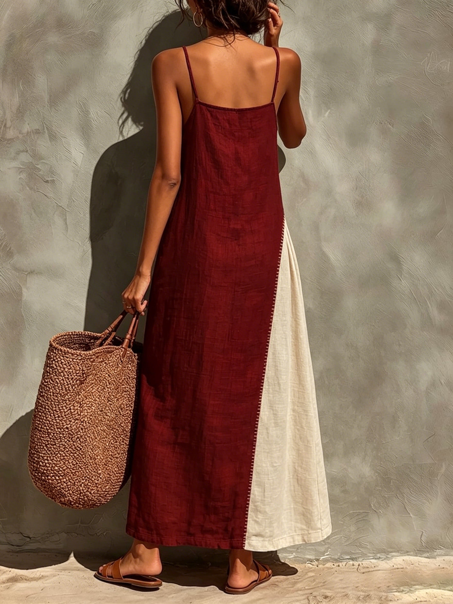 Burgundy & Beige Patchwork Linen-cotton Slip Maxi Dress