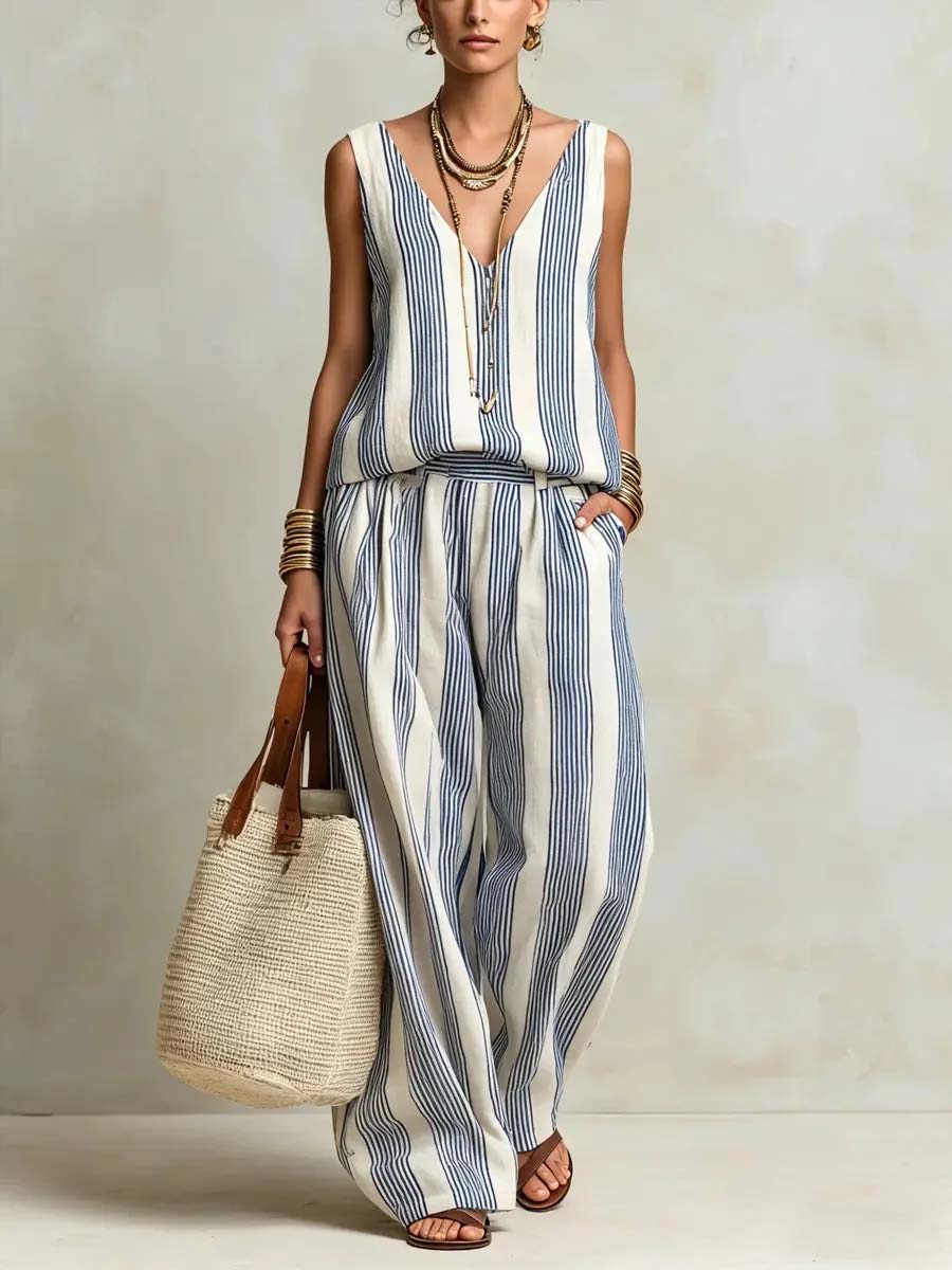 Women's Retro Striped Stylish Casual V Collar Top And Pants Cotton Linen Suits