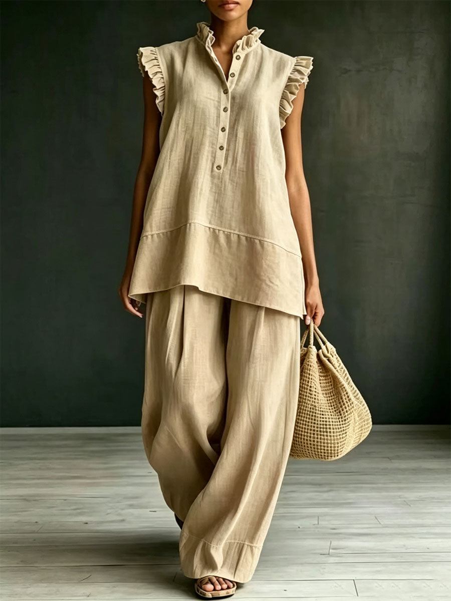 Women's Stand-collar Ruffled Sleeveless Vest And Wide-leg Trousers Set