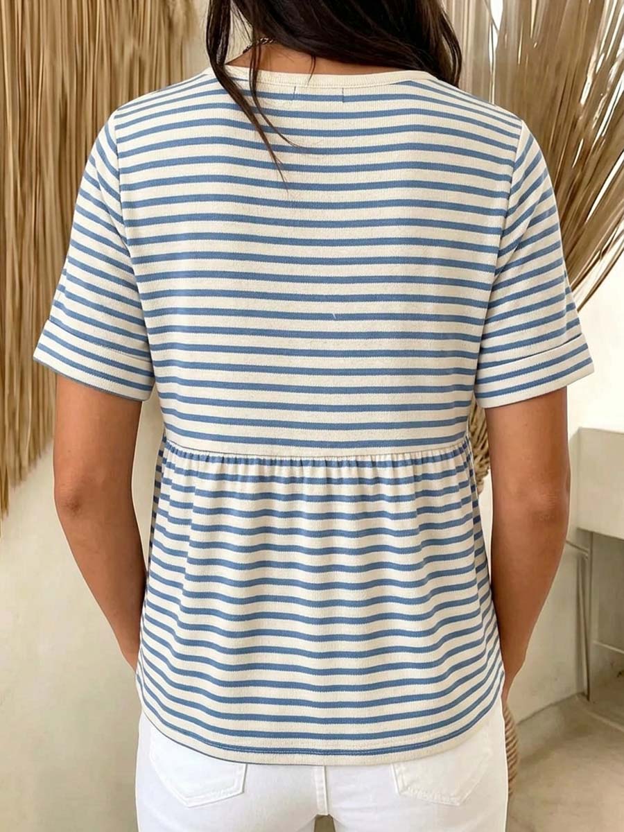 Women's Striped Pattern Art Print Casual Short Sleeve Cotton Shirt