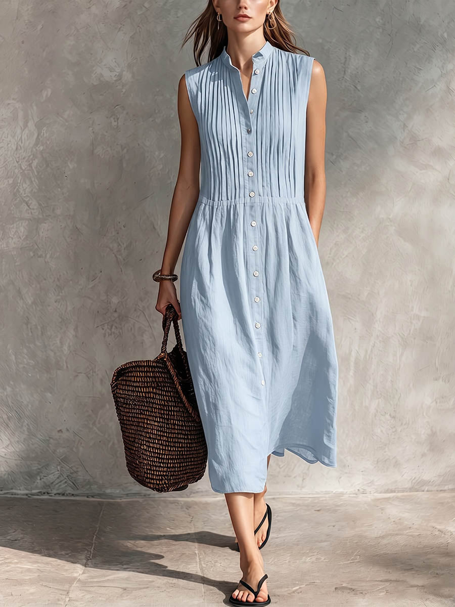 Women's Solid-color Stand-collar Sleeveless Casual Loose Cotton-linen Pleated Dress