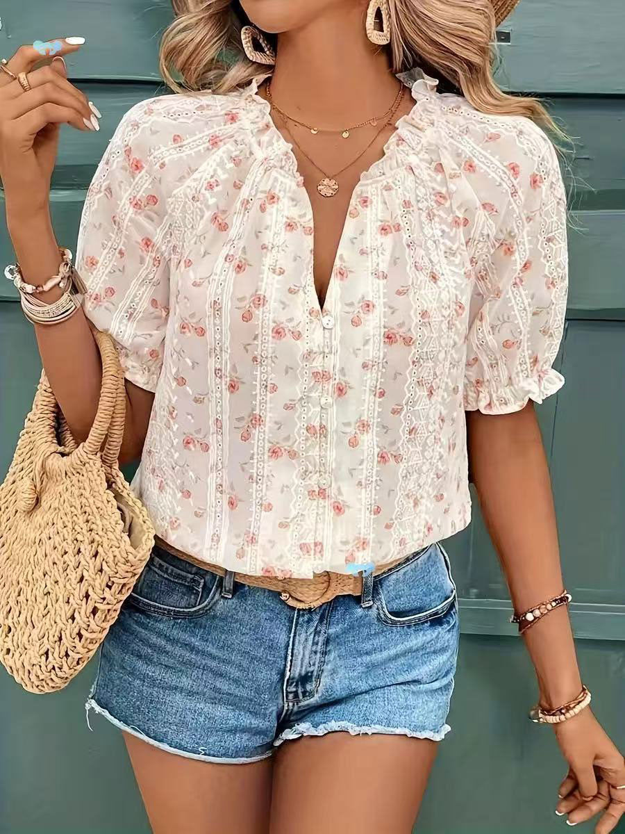 Women's French-style Floral Short-sleeve Shirt