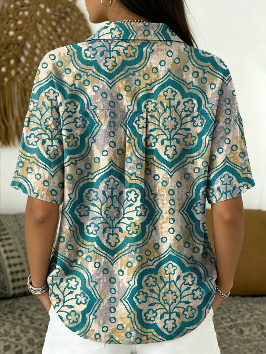 Women's Vintage Botanical Floral Casual Polo Collar Short-sleeved Linen And Cotton Shirt