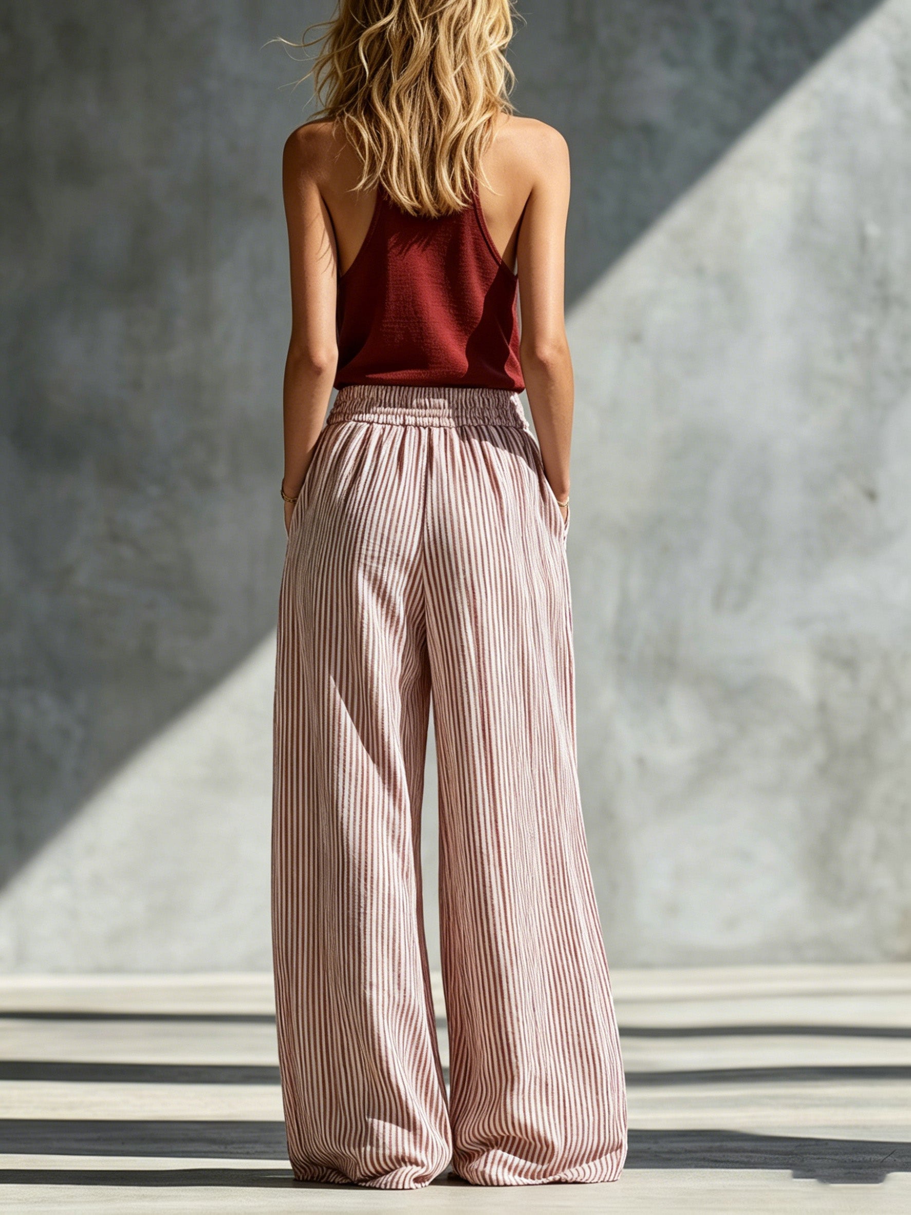 Vest + Striped Cotton-linen Wide-leg Pants Set