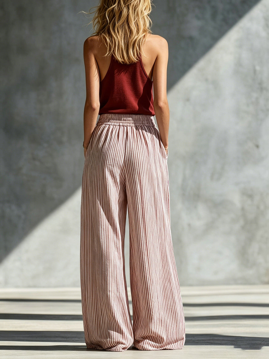 Vest + Striped Cotton-linen Wide-leg Pants Set